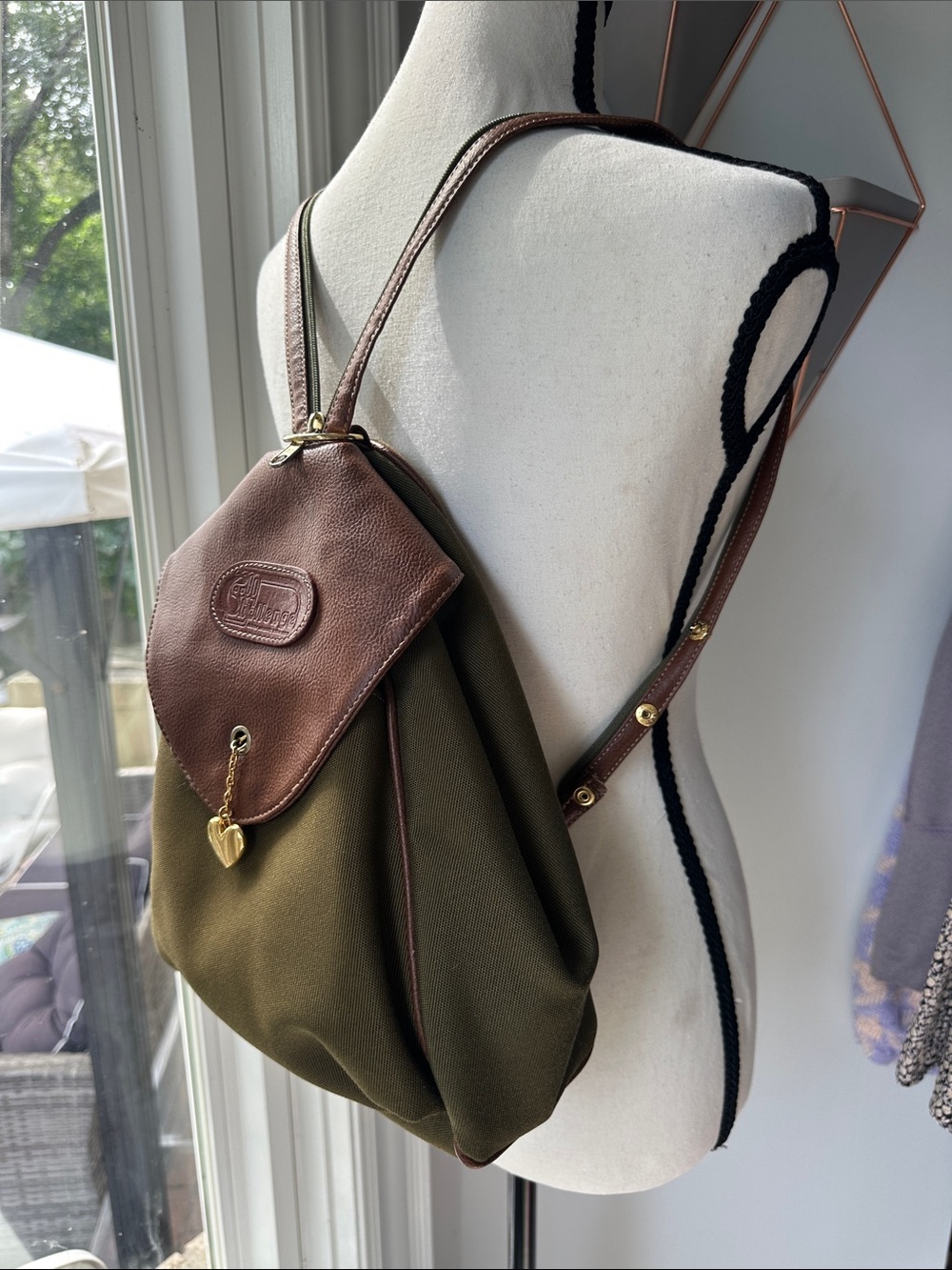 VINTAGE Mini Backpack Purse Olive Green Canvas Brown Faux Leather Bag Brass